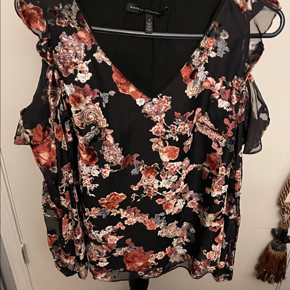 White House Black Market Black Floral Cold-Shoulder Blouse with Ruffles